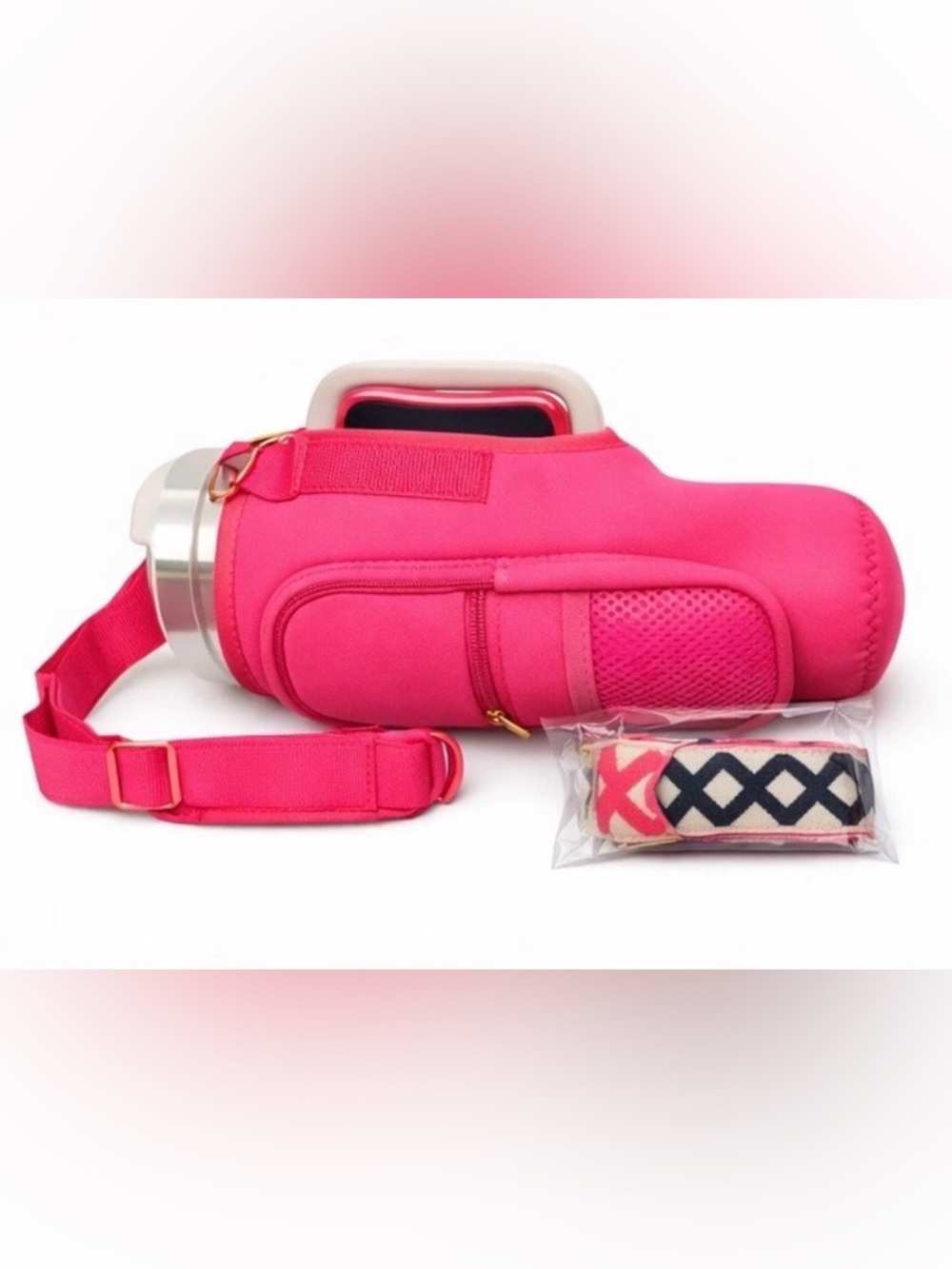 🆕 Pink Neoprene Tumbler Crossbody Carrier w/ Adj Strap & Bonus Strap Included